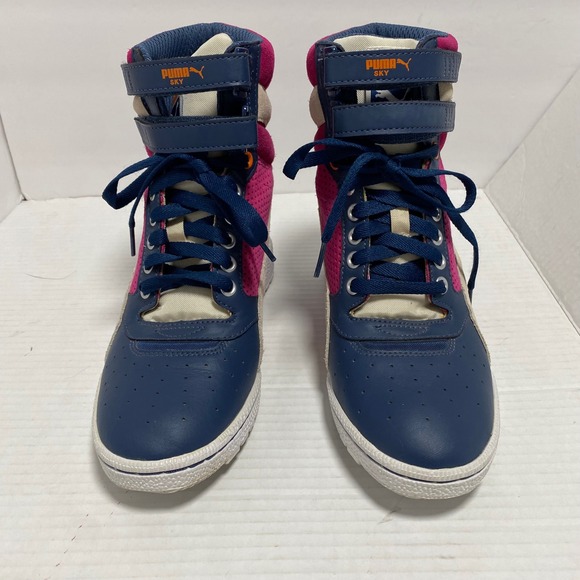 Puma Sky Hidden Wedge High Top Sneakers Pink Navy Women 8 Streetwear Color Block - Picture 3 of 12